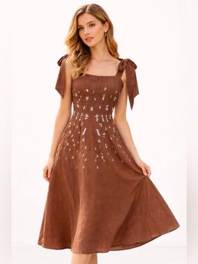 Fanm Mon‎ Linen Mimose Brown Flower Embroidered Pockets Dress $389